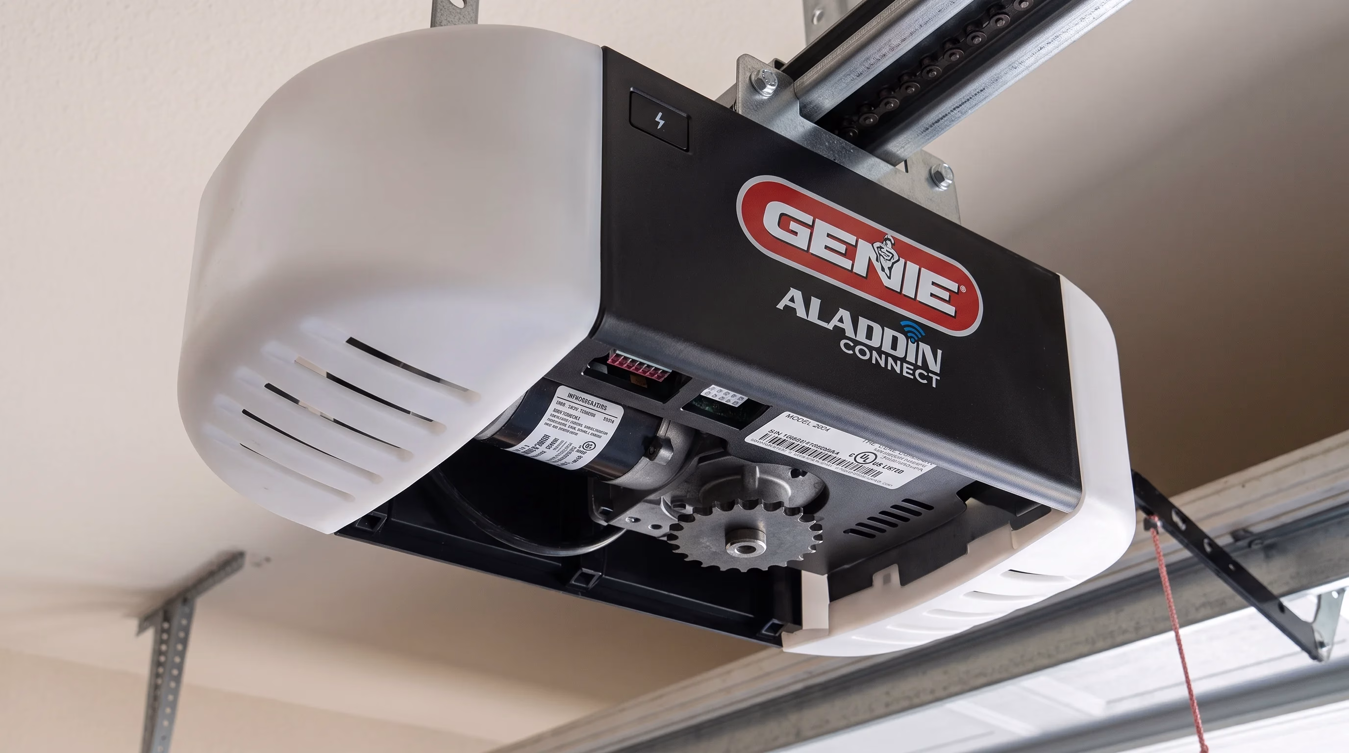 A close-up view of a Genie Aladdin Connect unit mounted overhead, illustrating a reliable Garage Door Opener for Your Home.