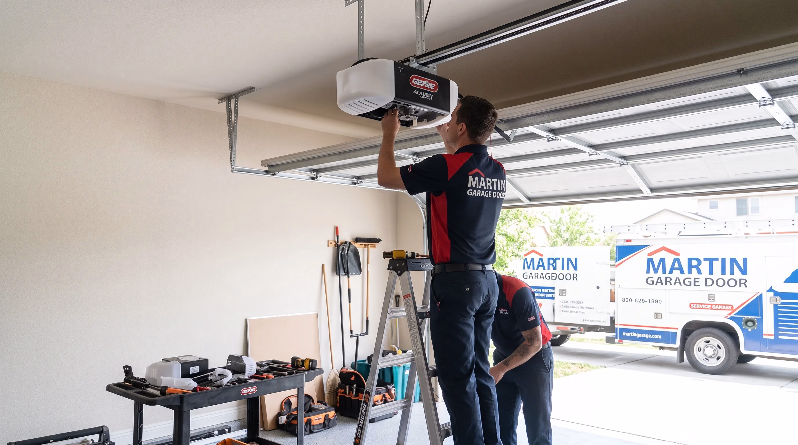 A technician standing on a stepladder making adjustments to an overhead motor unit to perform garage door opener maintenance.