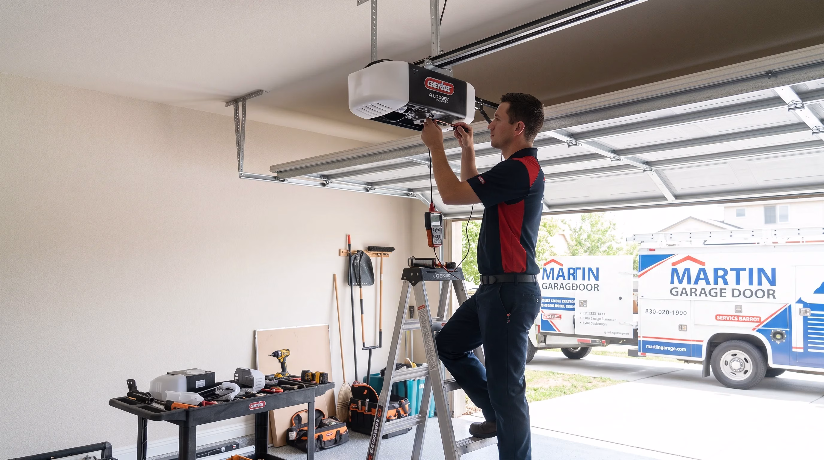 A technician working on an overhead Genie motor unit to complete a Garage Door Opener Battery Replacement.