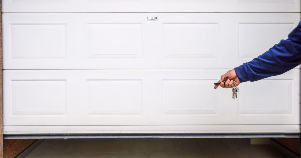 Man holding keys near white door.