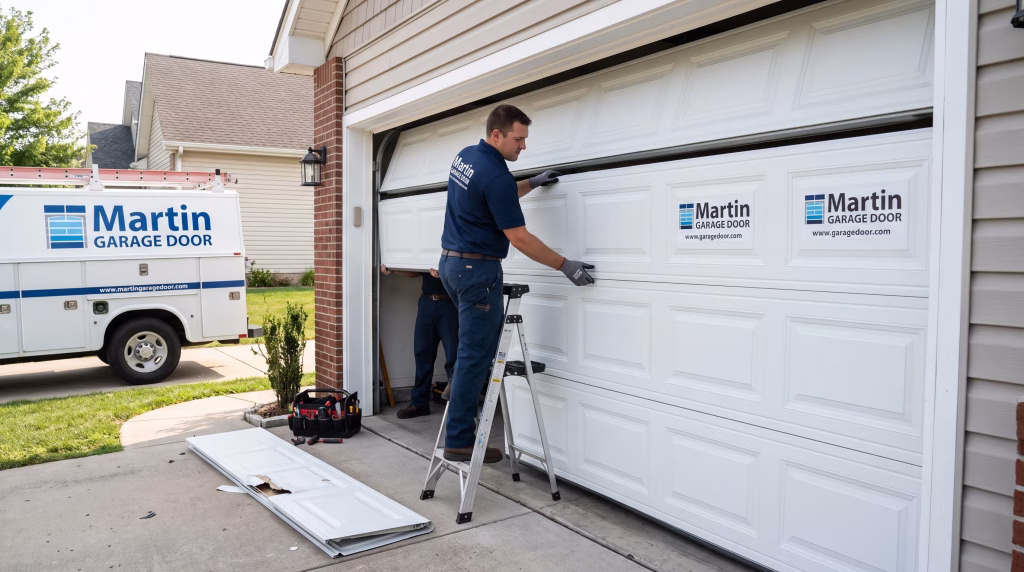A technician on a stepladder adjusting a residential door panel during a Garage Door Repair Service in Denver.