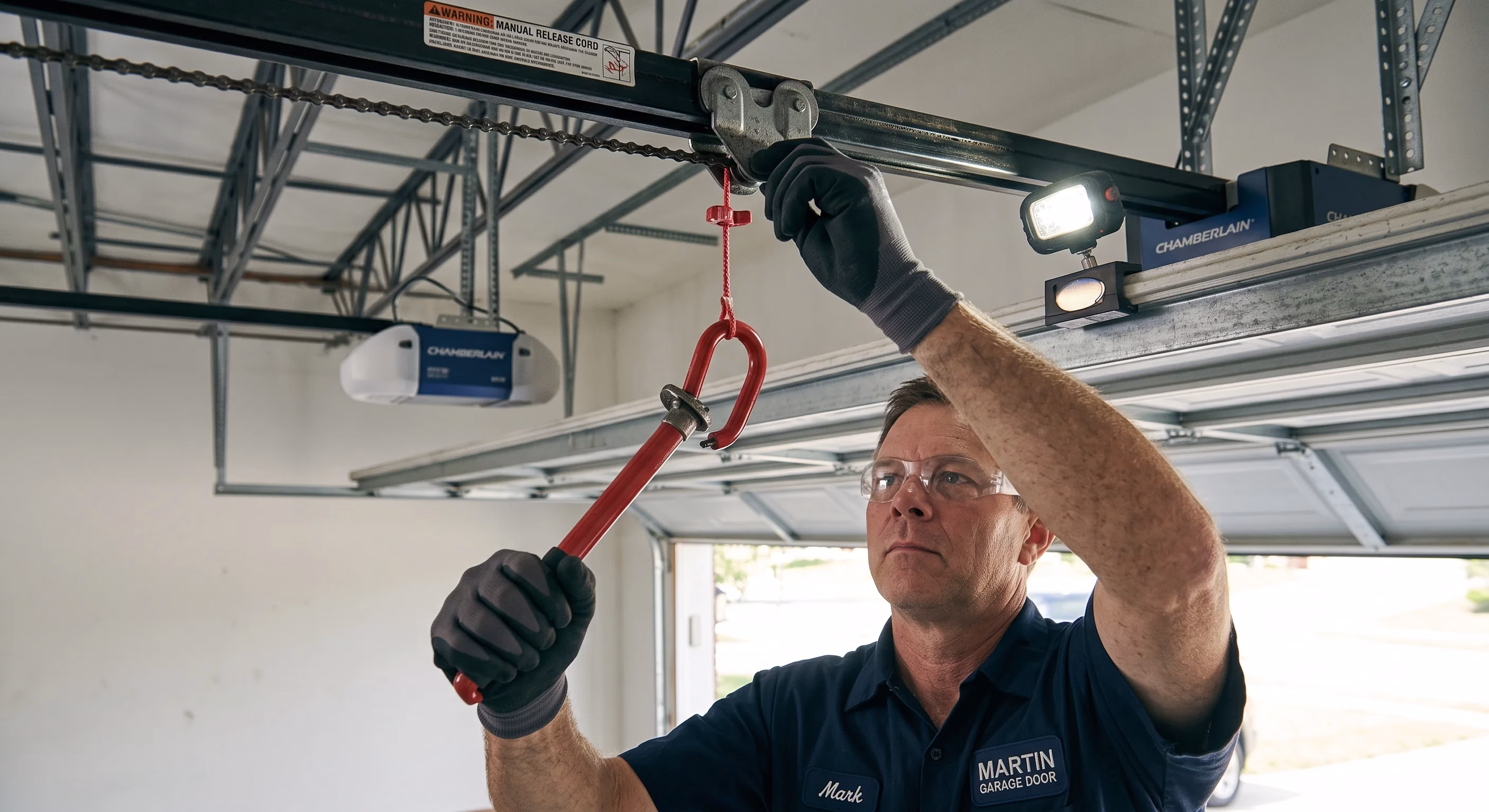 A technician reaching up to adjust the red emergency handle along the opener track to operate the Garage Door Release Cord.