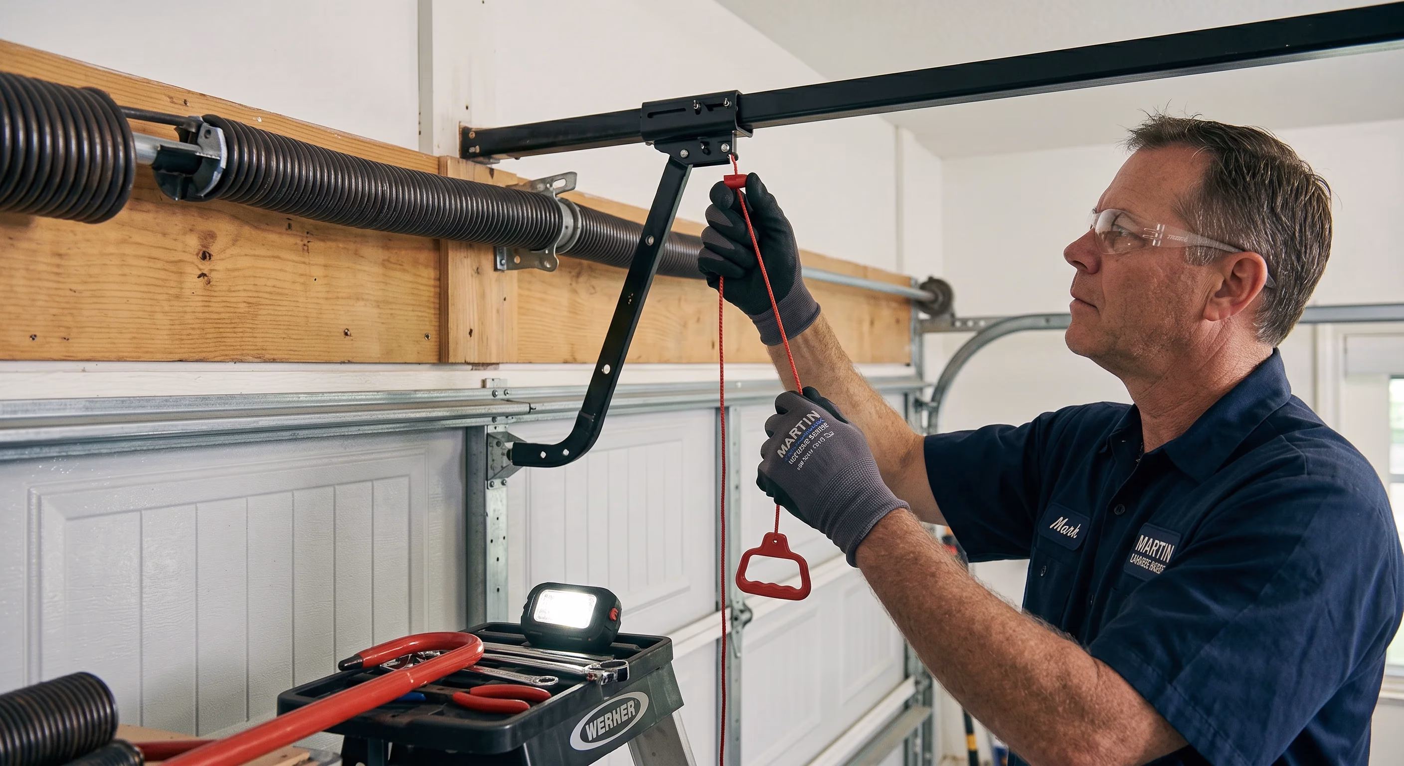 A technician pulling down on a red rope handle to disengage the trolley system for a garage door manual release.
