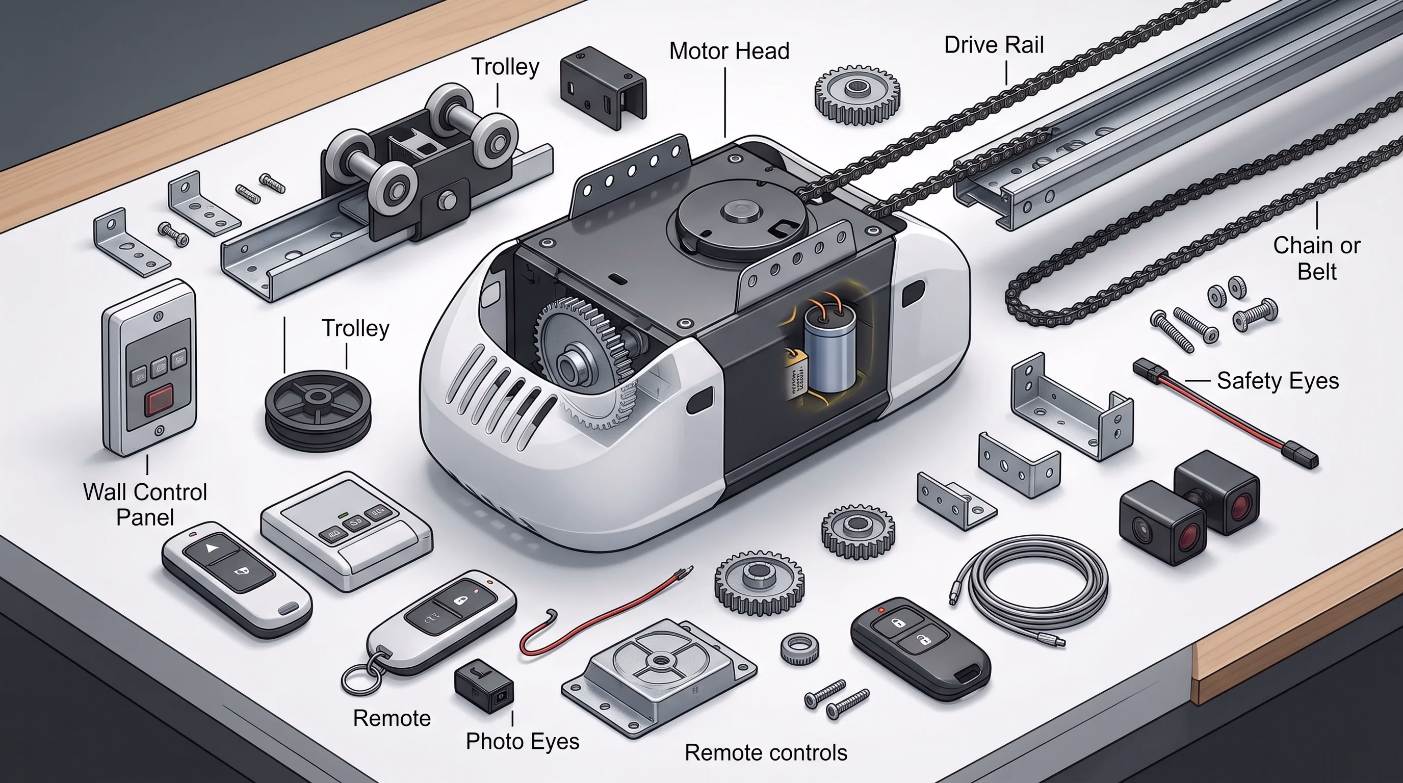 An overhead diagram displaying organized drive train and electronic components for garage door opener parts near me, including the motor unit, drive rail, trolley, safety eyes, wall control, and remote controls.