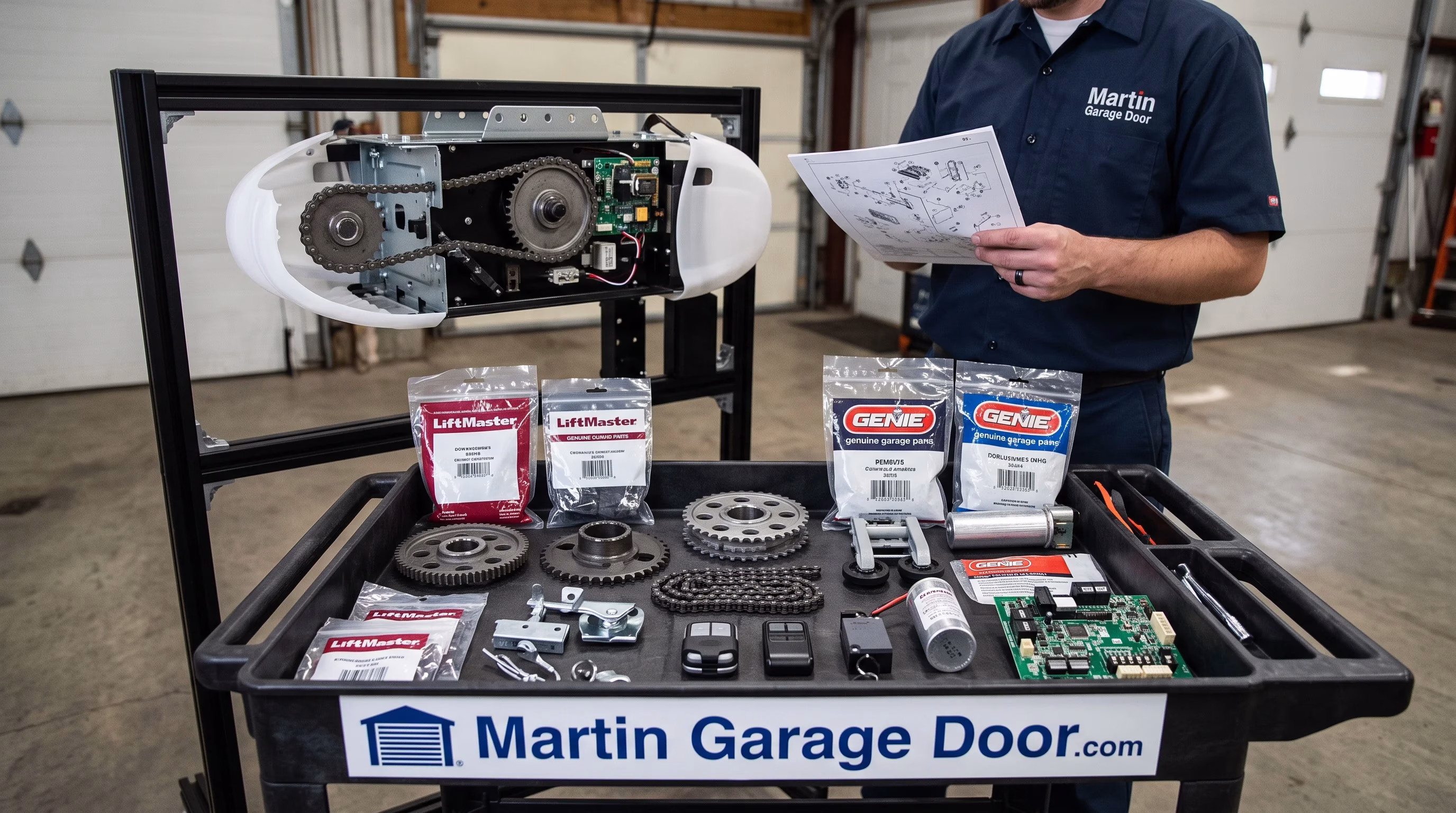 A technician reviewing a schematic beside a utility cart laid out with various garage door opener parts including gears, sprockets, circuit boards, and remotes.