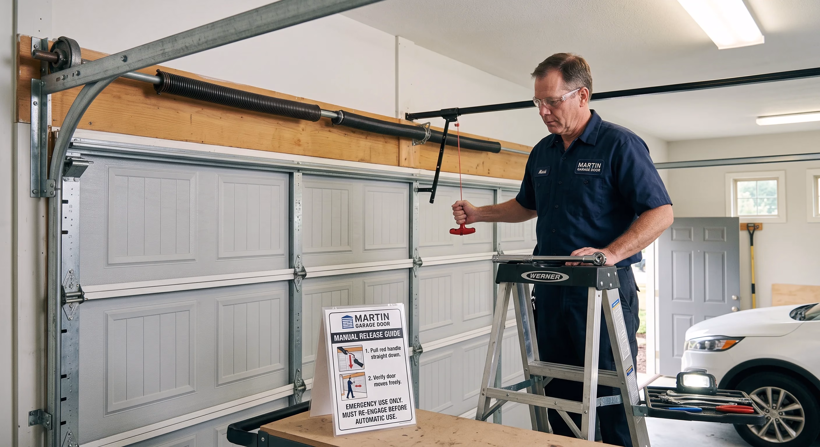 A technician pulling a red handle near a troubleshooting guide when a garage door release cord won't move.
